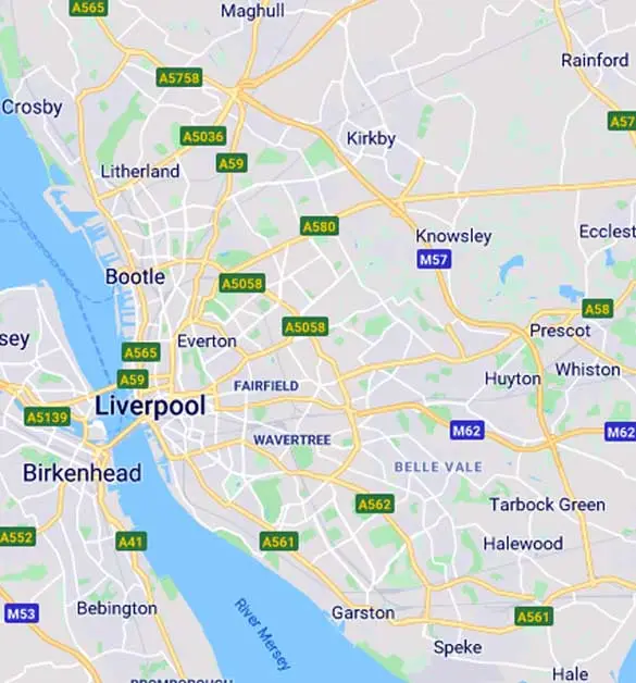 Map of the WD Drain Services Liverpool coverage area
